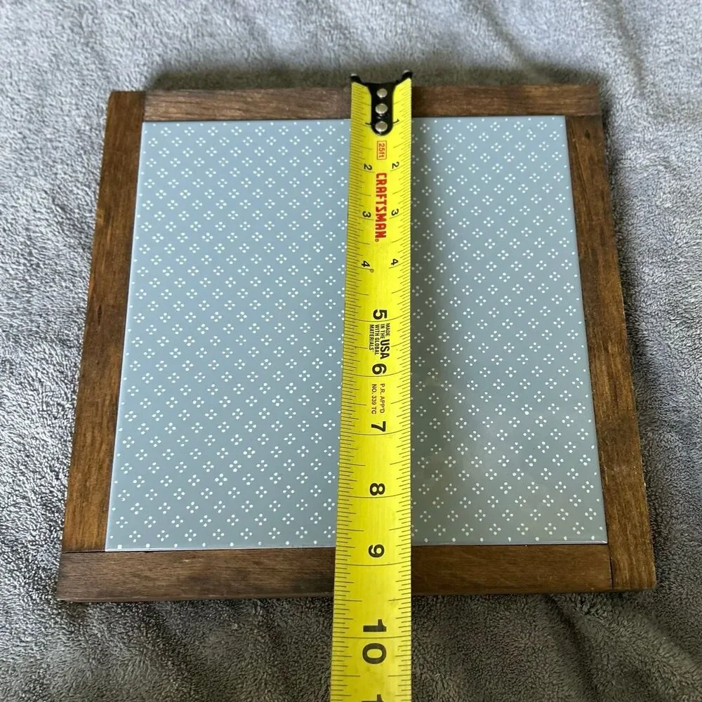 VTG Blue Farmhouse Style Cottagecore Large Wood Framed Ceramic Trivet